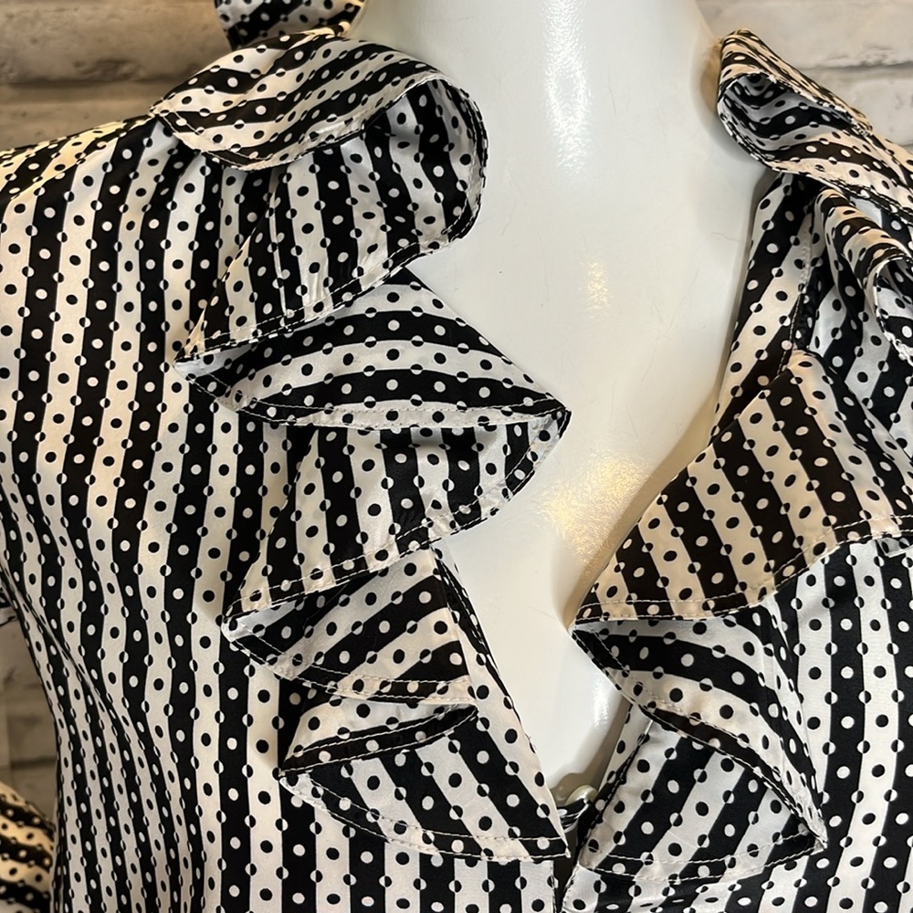 Evan Picone retro blouse black white polka dot stripe ruffle collar long sleeve - Picture 5 of 11